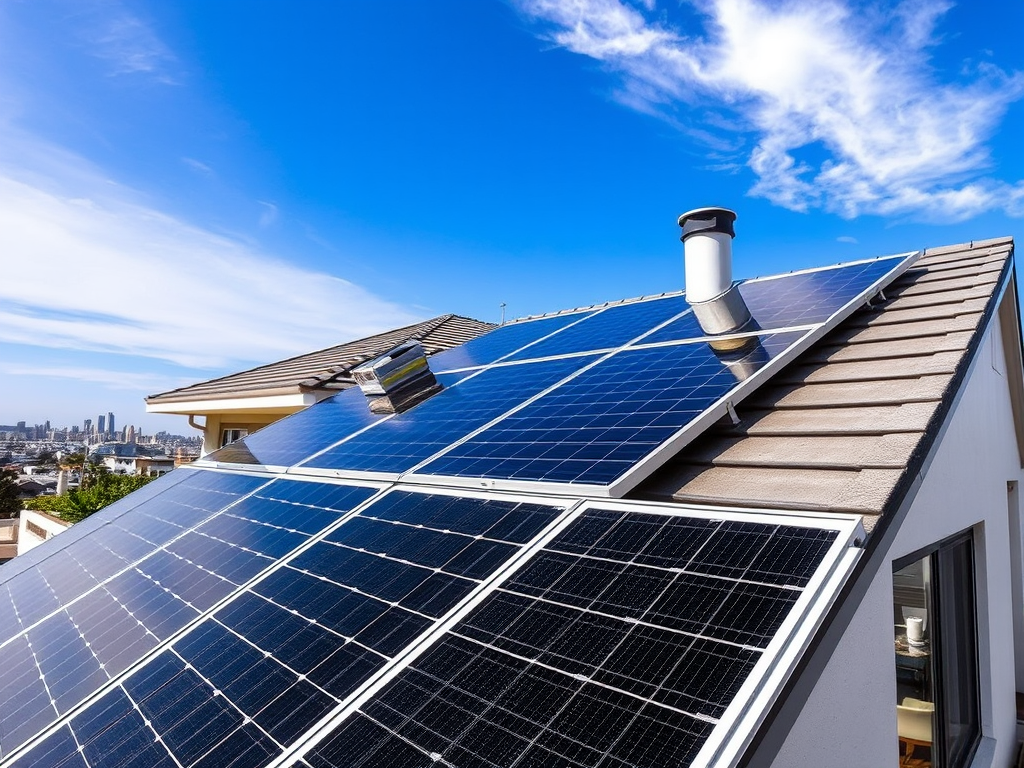 Крыша дома с солнечными панелями на фоне яркого голубого неба и городского пейзажа.