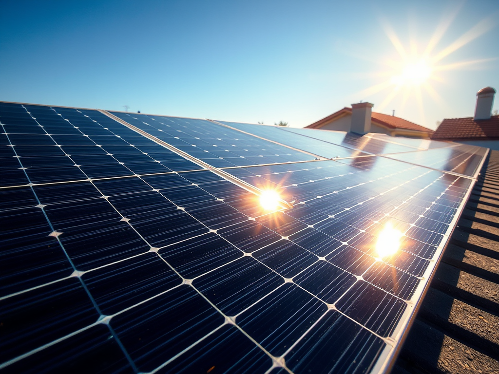 Солнечные панели на крыше дома под ярким солнцем, отражающие свет на хорошем фоне.