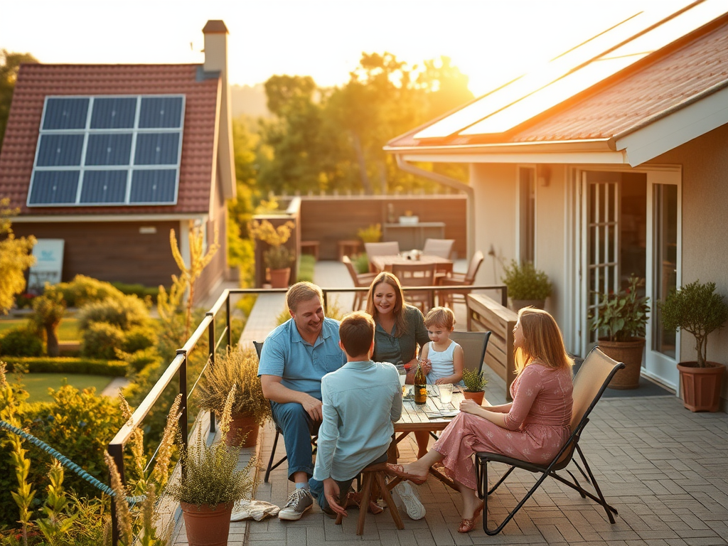 Семья и дети наслаждаются временем вместе на веранде, окружённой зеленью, при заходе солнца.