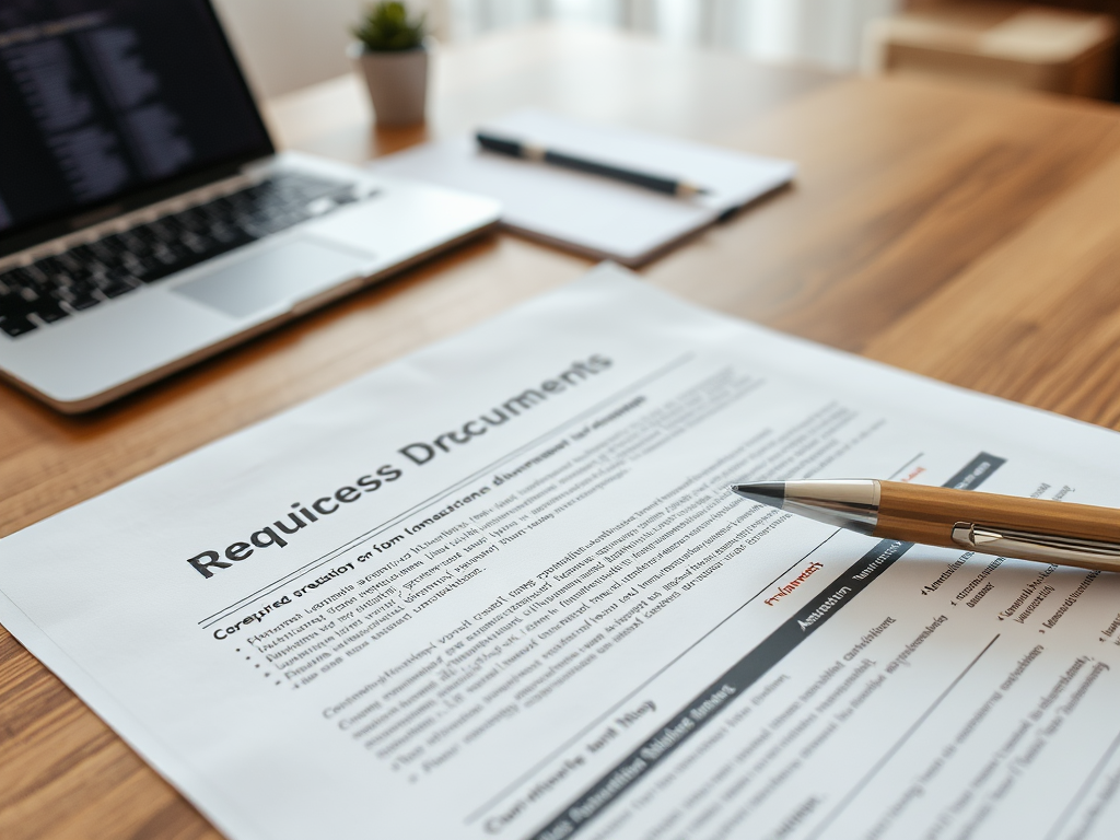 Документы с заголовком "Необходимые документы" на деревянном столе рядом с ноутбуком и ручкой.