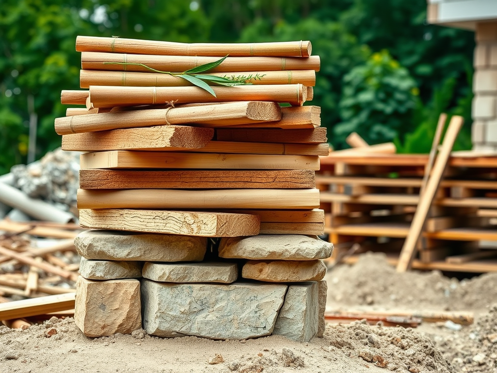 С piles из древесины аккуратно уложены на каменной основе среди строительного мусора.