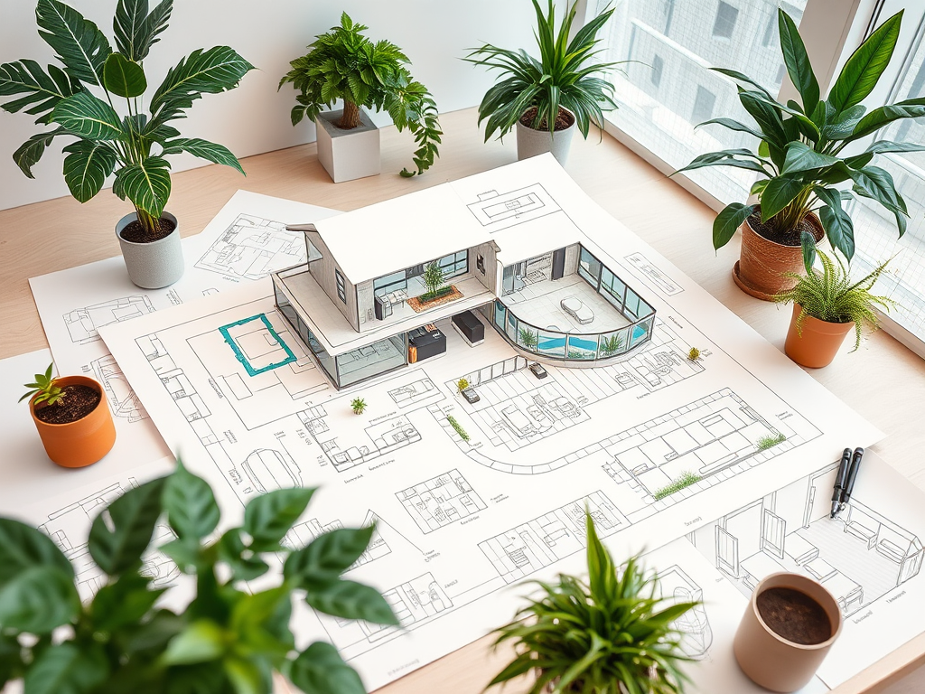 Макет современного дома на фоне архитектурных чертежей и зелёных растений на столе.