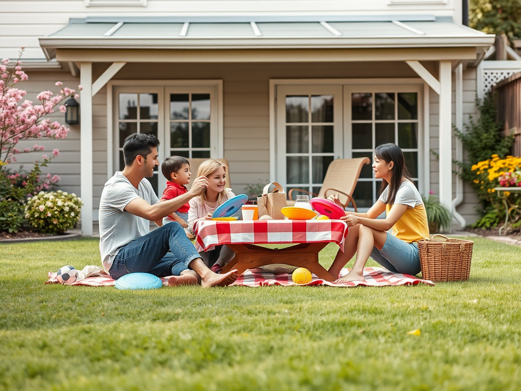Семья отдыхает на улице, наслаждаясь пикником на траве, с едой и играми вокруг.