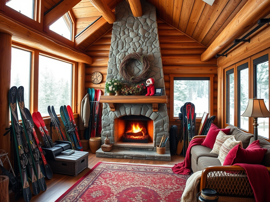 Уютная горная хижина с камином, лыжами и зимним декором, окно с видом на снег.