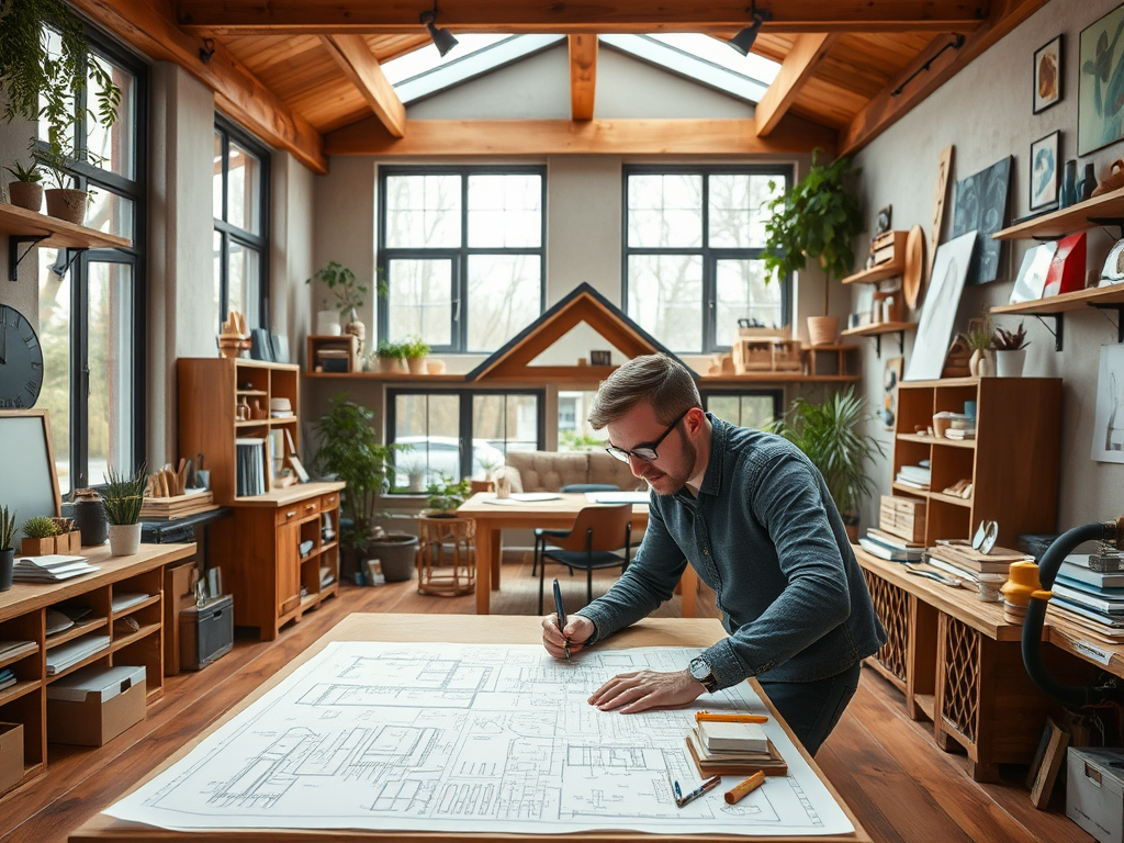 Мужчина с очками работает над чертежом в уютном, светлом офисе с деревянными деталями и растениями.
