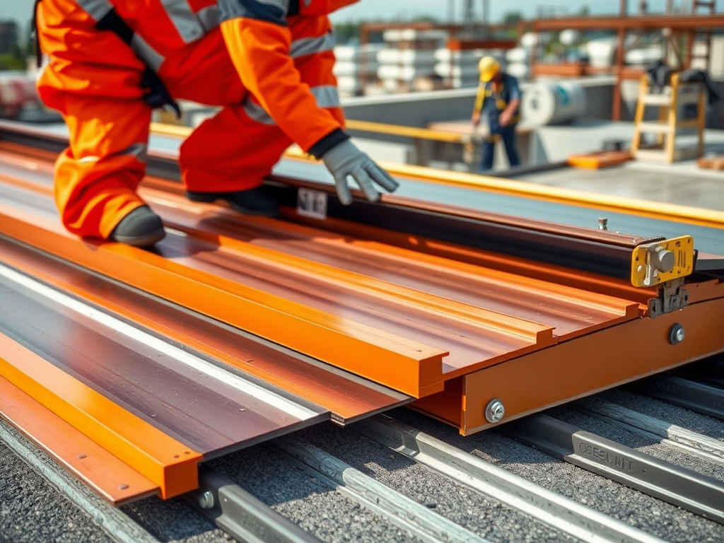 Рабочий в ярком комбинезоне устанавливает металлические панели на строительной площадке.