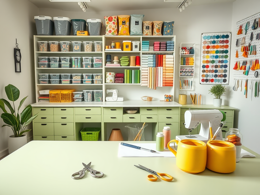 Светлая мастерская для творчества с организованными полками, швейной машинкой и яркими материалами на столе.
