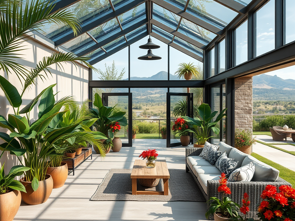 Светлая зимняя комната с зелеными растениями и уютной мебелью, открывающая вид на горы и природу.