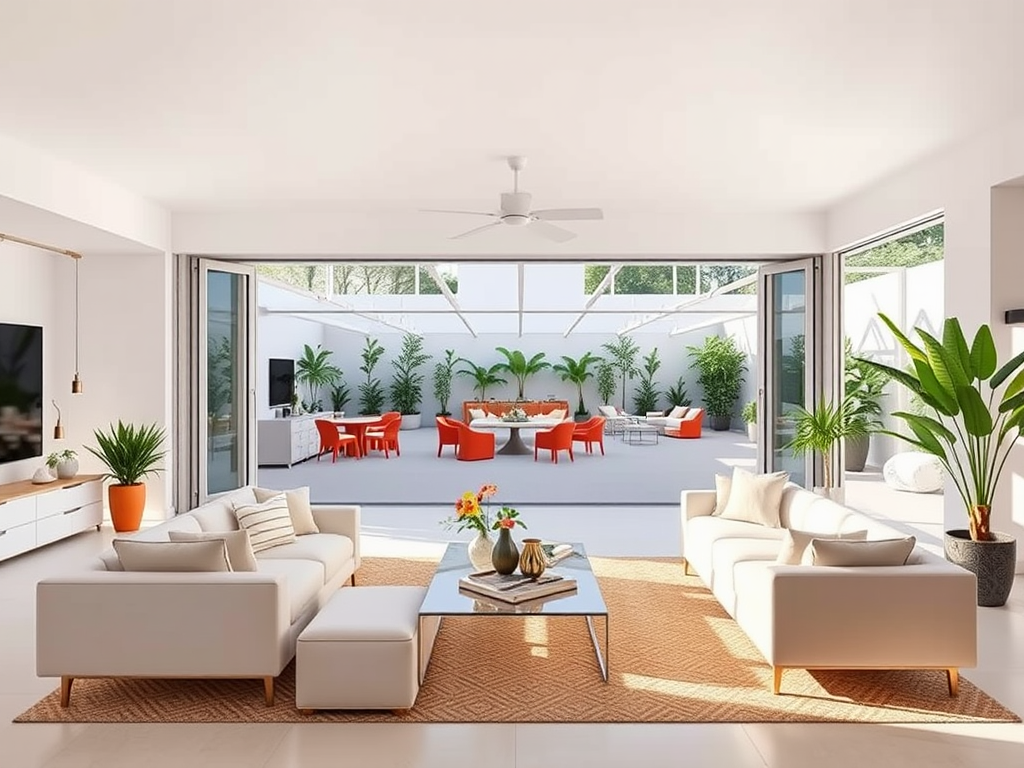 Современный интерьер с белыми диванами, зелеными растениями и открытым двориком. Стильный и светлый дизайн.