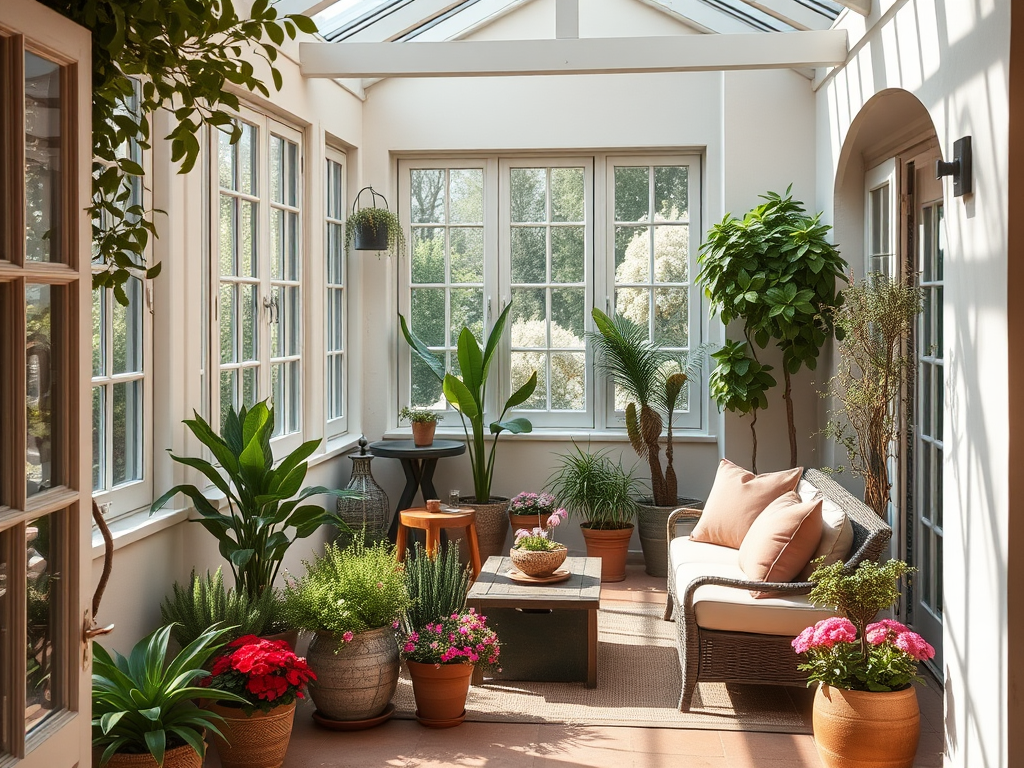 Светлая веранда с зелеными растениями и мебелью, множество растений в горшках, уютная атмосфера.