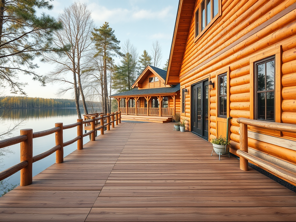 Деревянный дом у воды с террасой, окружающий пейзаж с деревьями и спокойной поверхностью воды.
