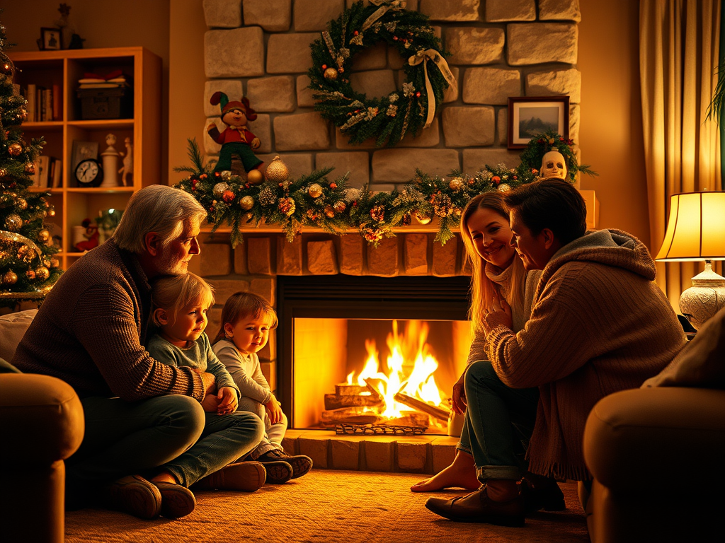Семья сидит у камина, радуясь праздничной атмосфере в уютной комнате, украшенной к Рождеству.