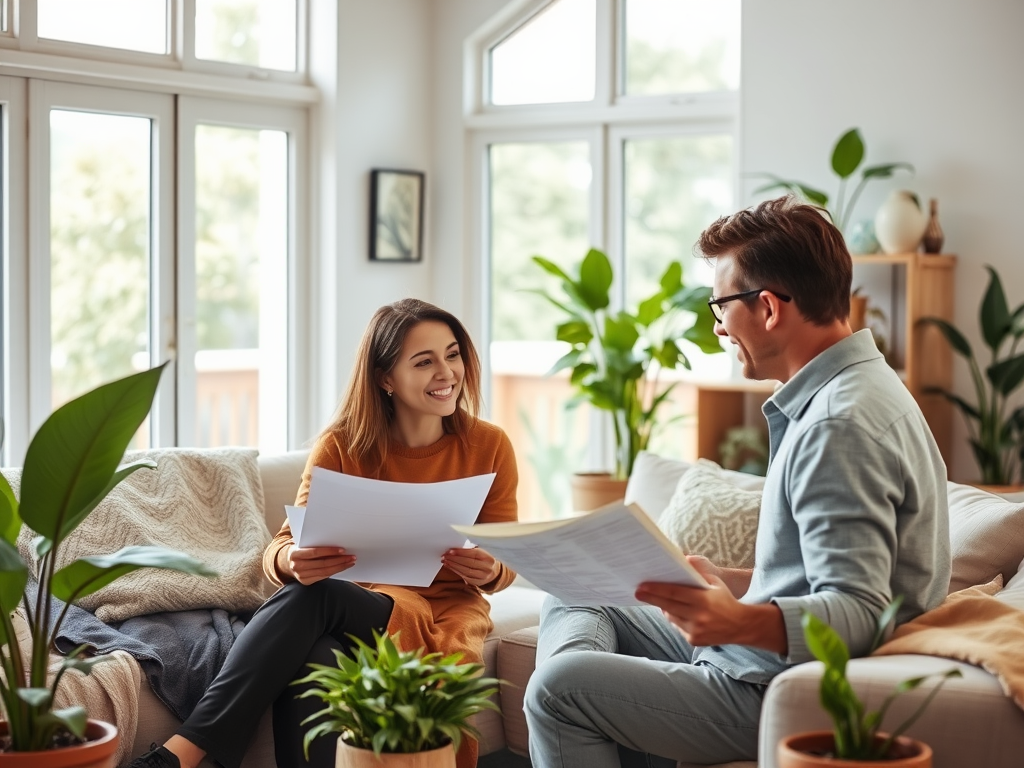 Два человека обсуждают документы, сидя в уютной комнате, окруженной растениями и светом из окон.
