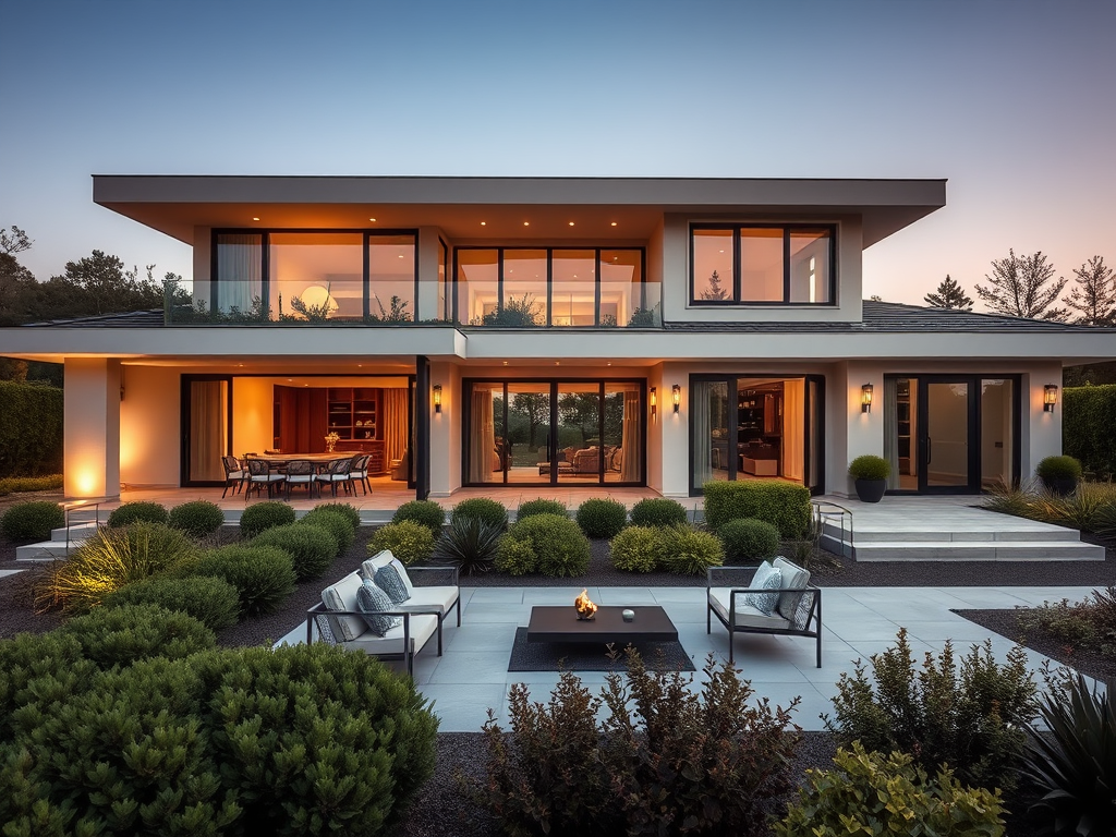 Современный дом с большими окнами, освещённый вечером, окружён красивым садом и уютной террасой.