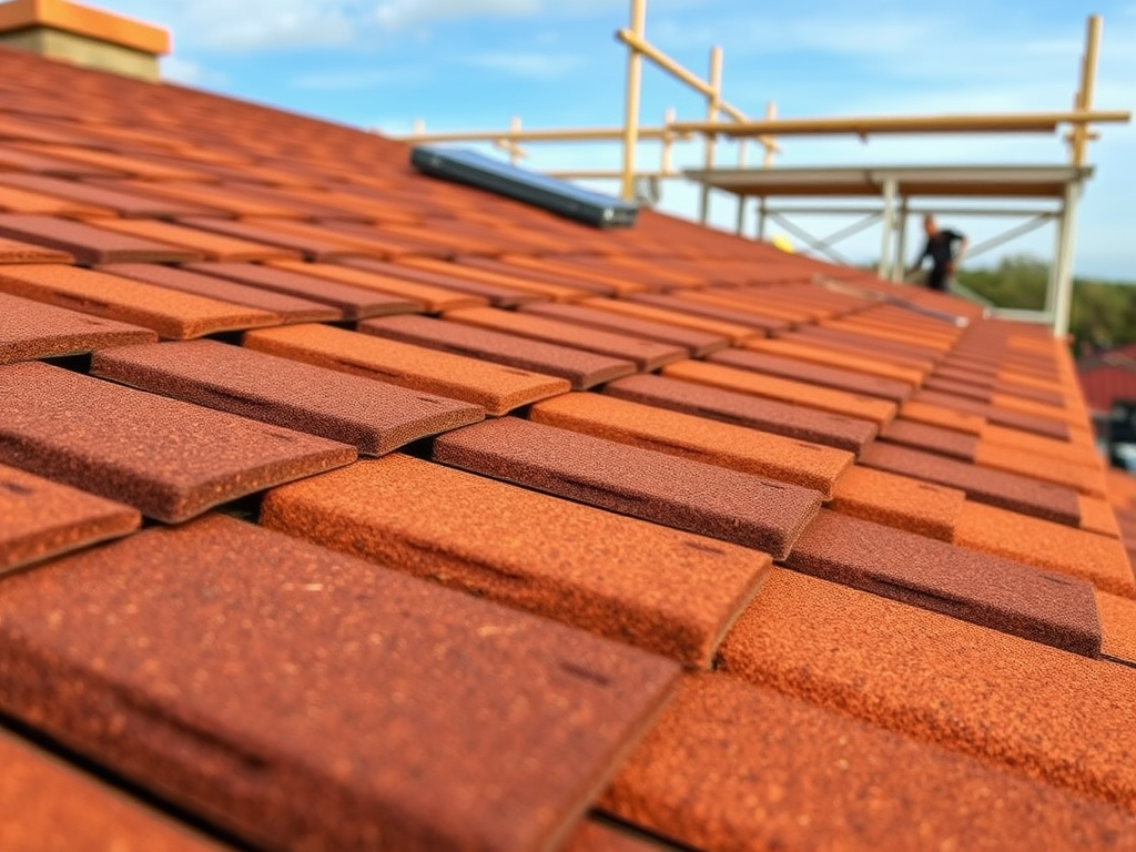 Красная черепица на крыше, расположенная под голубым небом, на фоне строительных лесов.