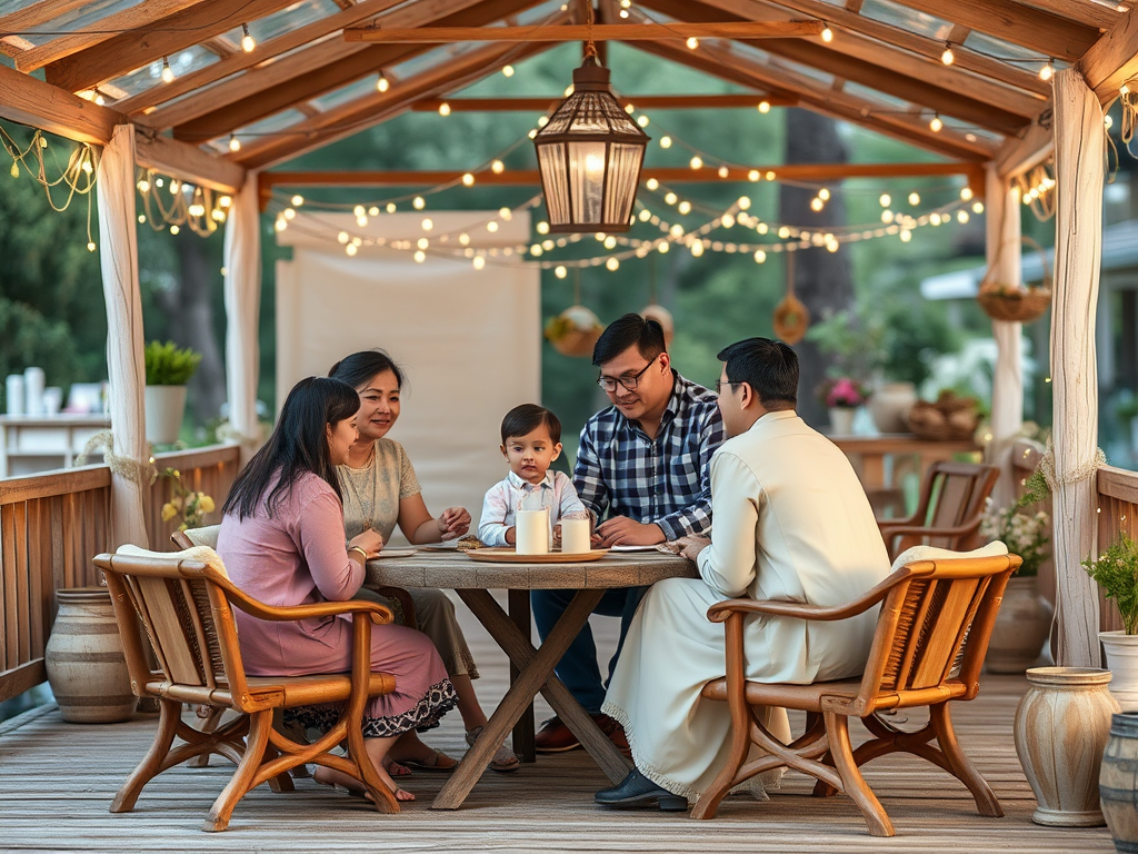 Семья собирается за столом на веранде, наслаждаясь общением и светом гирлянд.