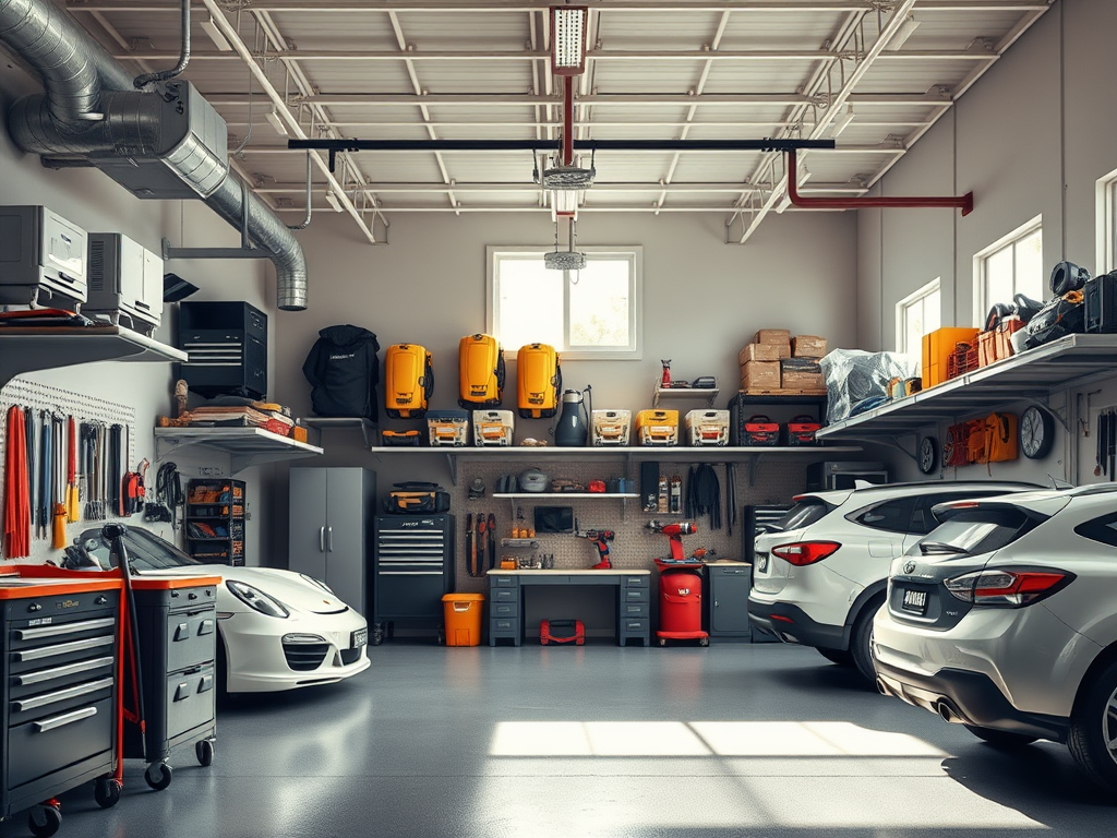 Современный гараж с инструментами, автомобилями и аккуратно организованным пространством для работы.