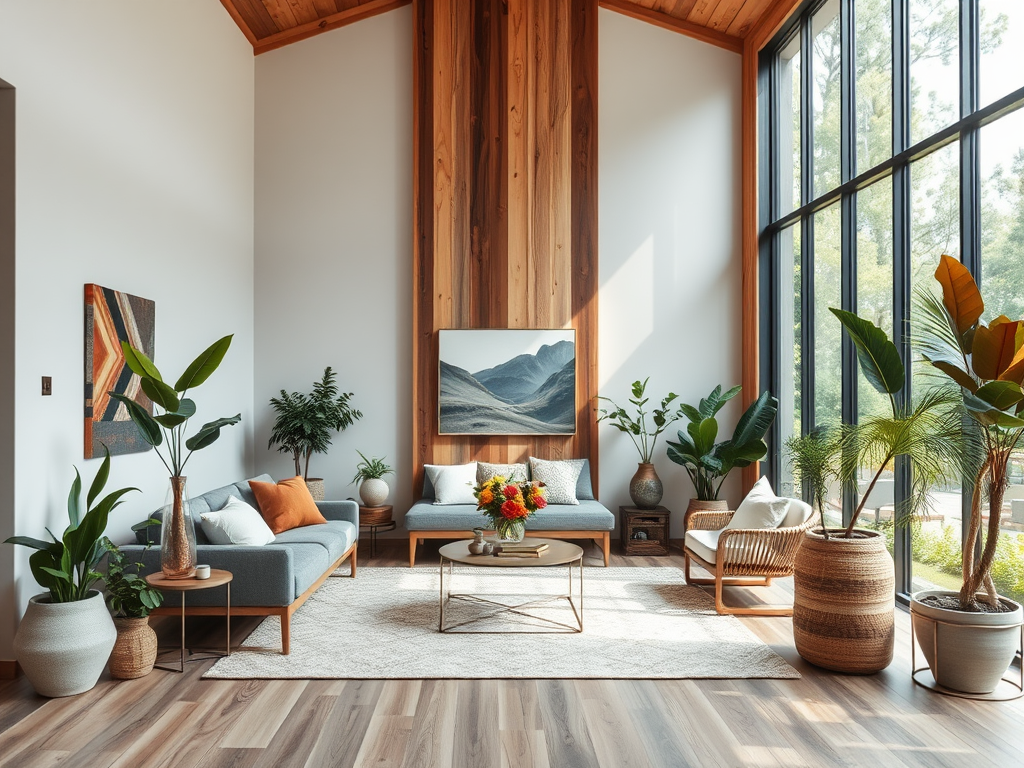 Светлая гостиная с современными мебелью, растениями и большими окнами, пропускающими солнечный свет.