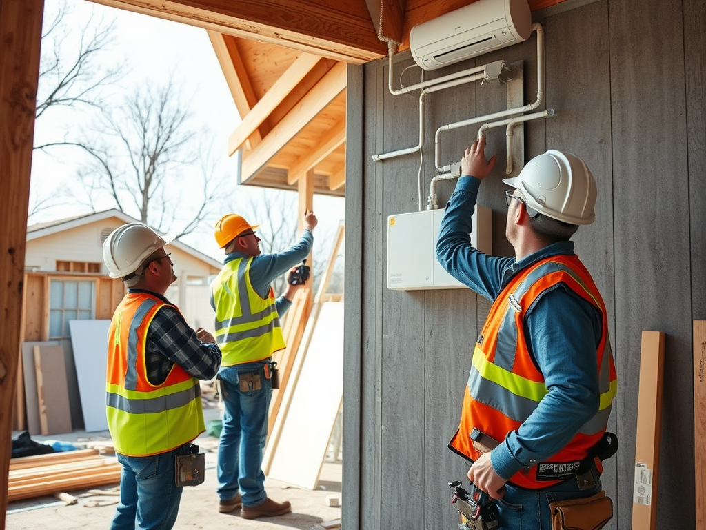 На стройке три рабочих проверяют и устанавливают оборудование под руководством одного из них.