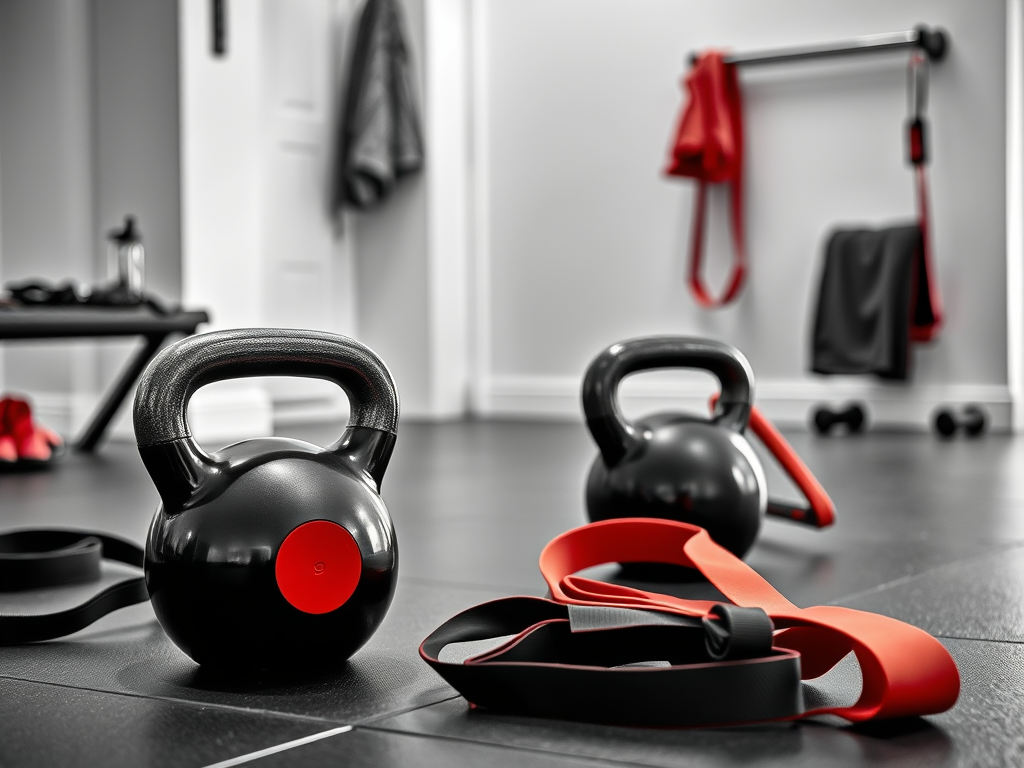 Черные гирьки и резинки для тренировки на полу современного спортивного зала с оборудованием на заднем плане.