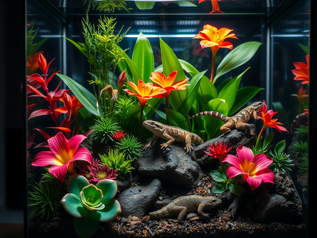 Аквариум с ящерицами и яркими цветами на фоне камней и зелени. Уютный уголок природы.