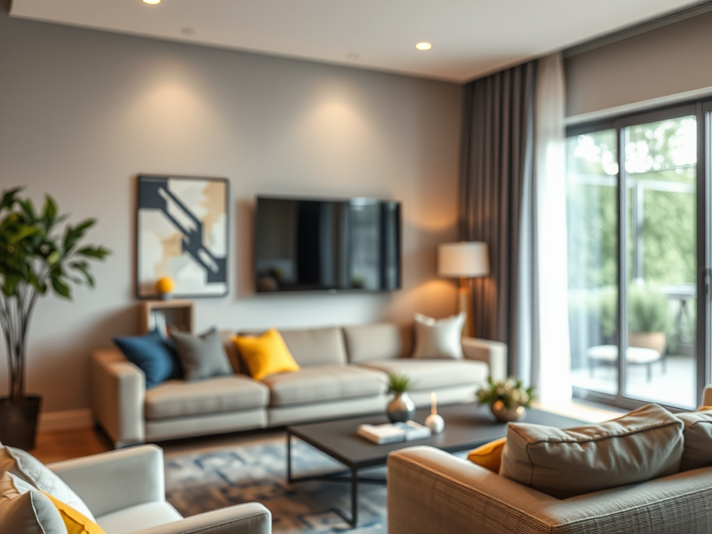 Современная гостиная с мягкой мебелью, телевизором, зелеными растениями и большими окнами.