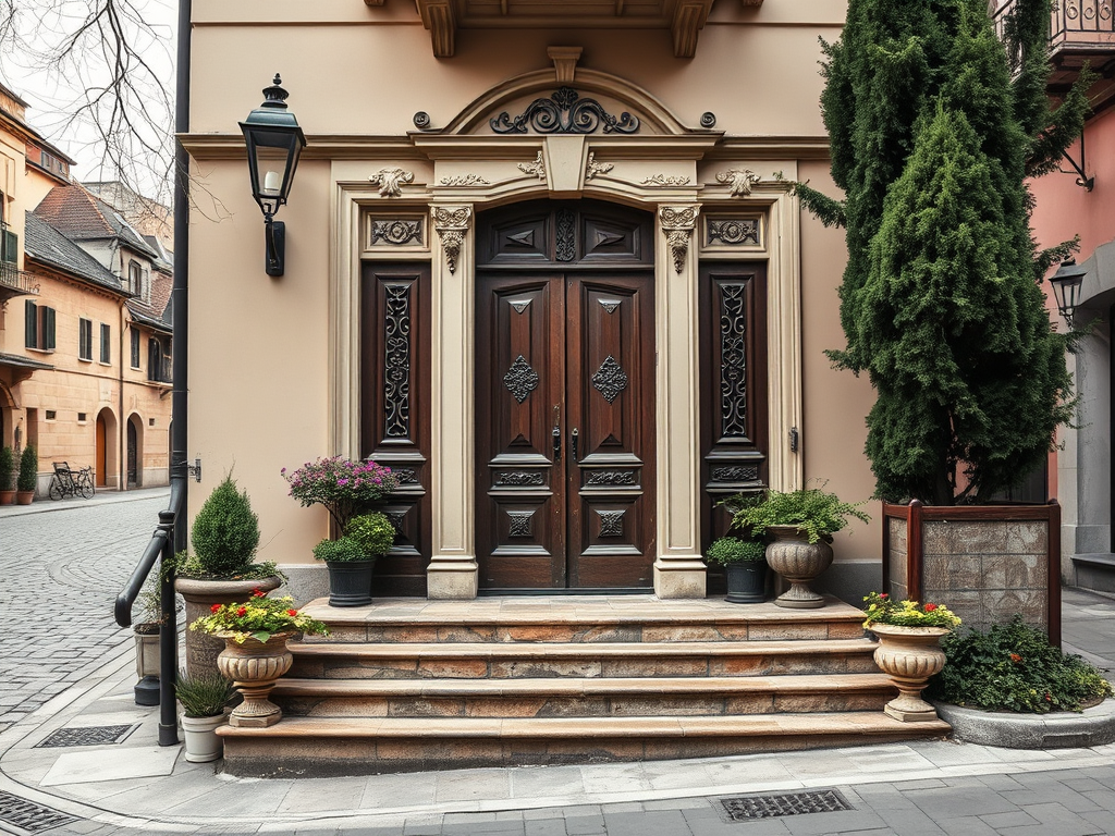 Изображение элегантной двери с декоративными элементами, окружённой цветами и кустарниками в тихом переулке.