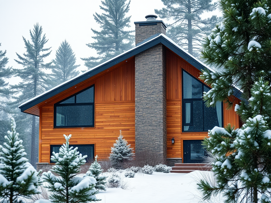 Современный деревянный дом с большими окнами на фоне зимнего леса и снежных деревьев.