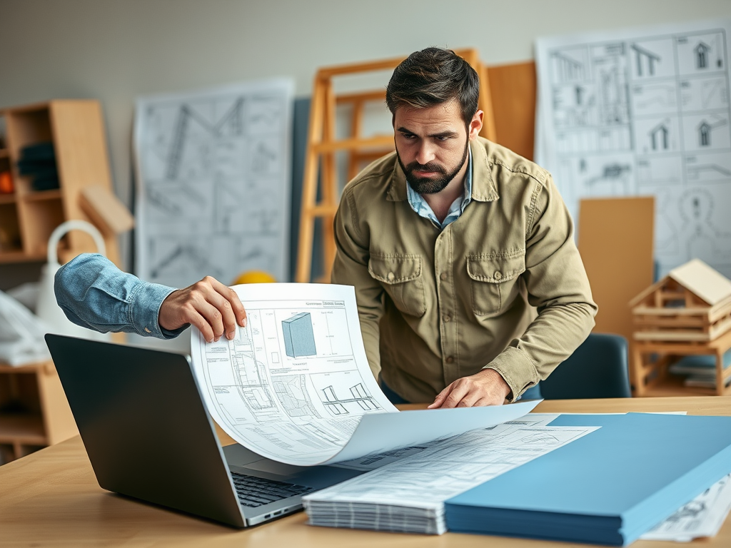 Два человека работают с чертежами на столе, перед ними открытый ноутбук и различные бумаги.