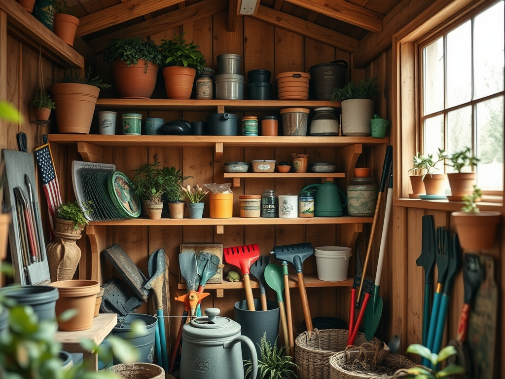Садовый сарай с инструментами, горшками и растениями на полках. Светлый интерьер из дерева.