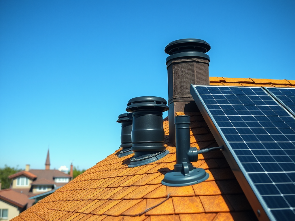 Крыша с солнечными панелями и дымоходами на фоне ясного голубого неба.