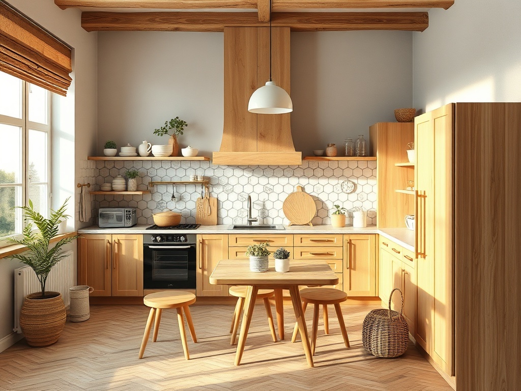 Светлая кухня из дерева с плиткой, столом и стульями. Уютная атмосфера, много зелени и натуральных материалов.