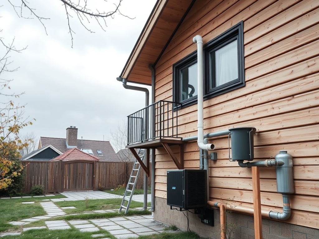 Часть деревянного дома с балконом, водосточными трубами и газовым оборудованием, на фоне облачного неба.