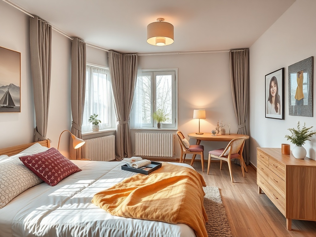 Уютная спальня с деревянной мебелью, теплым светом и окнами, наполненными светом.