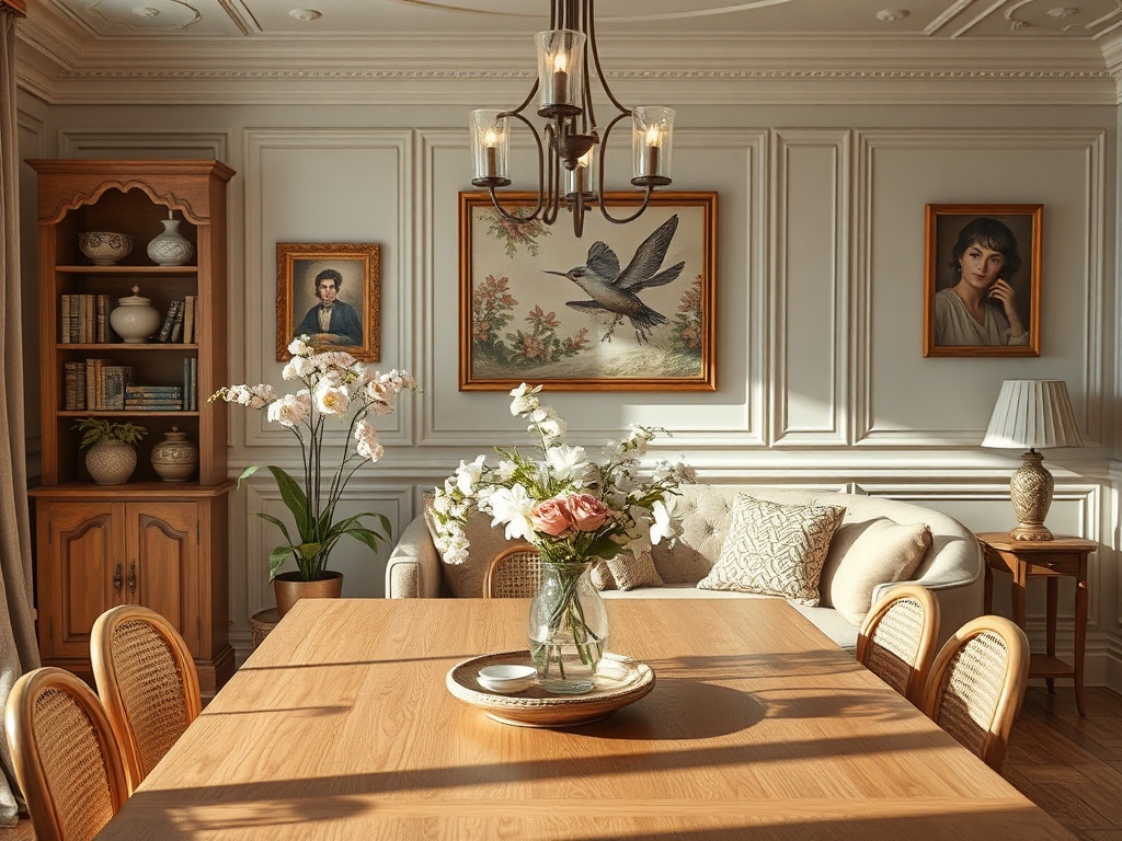 Светлая гостиная с растениями, картинами, столом из дерева и уютным диваном в теплых тонах.