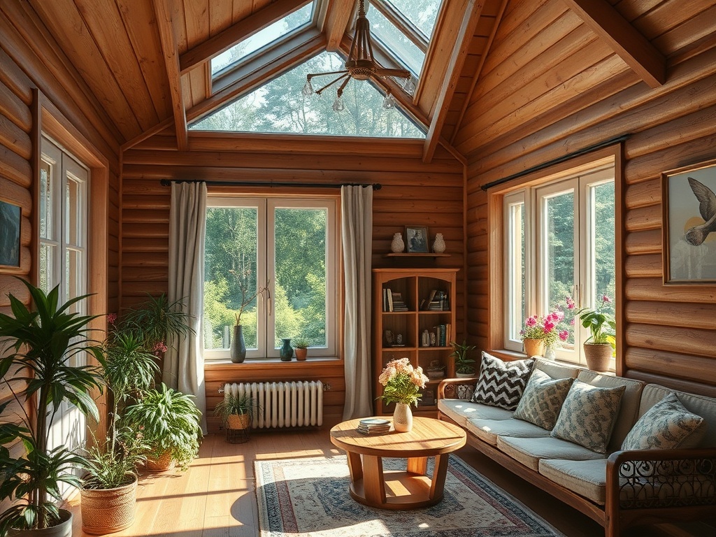 Светлая комната с деревянными стенами, большими окнами и уютной мебелью, окруженная зеленью.