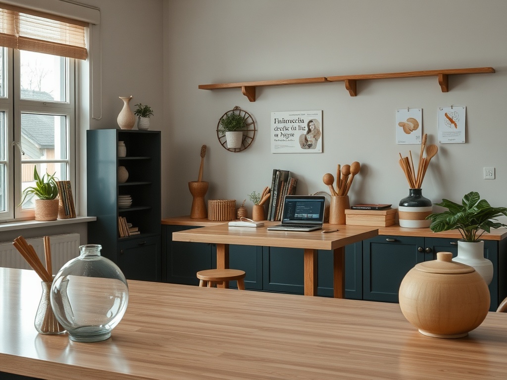 Современная кухня с деревянной мебелью, растениями и аксессуарами для готовки на столах и стенах.