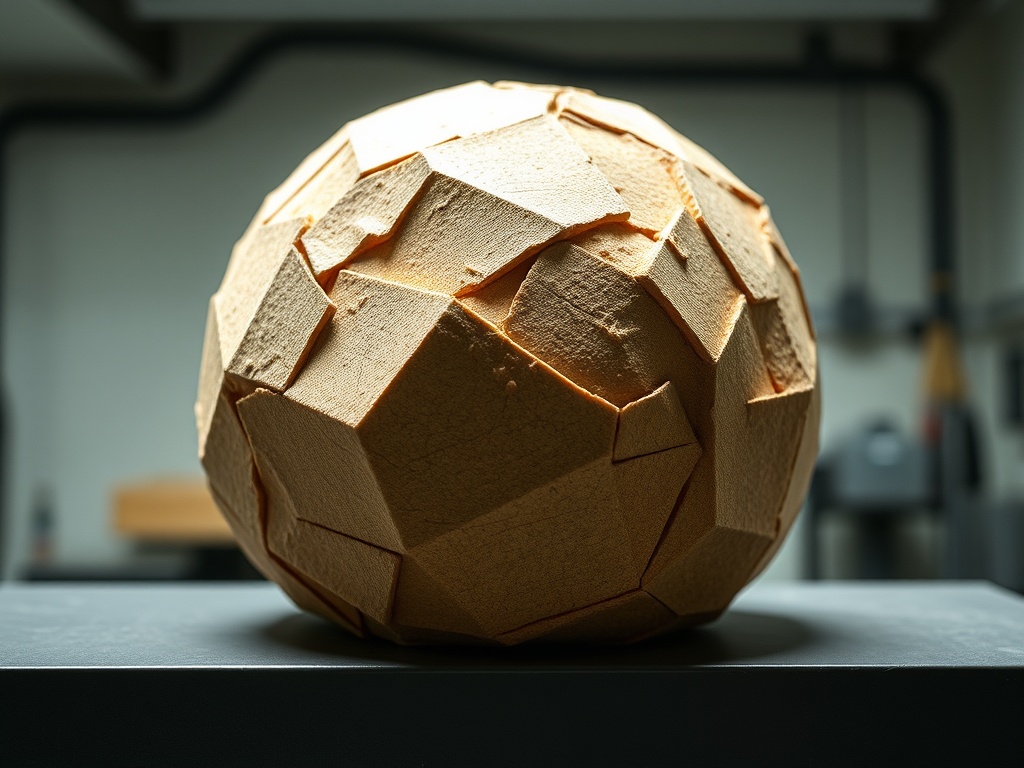 Сфера, покрытая неровными плоскими сегментами, выполнена из материала светло-оранжевого цвета.