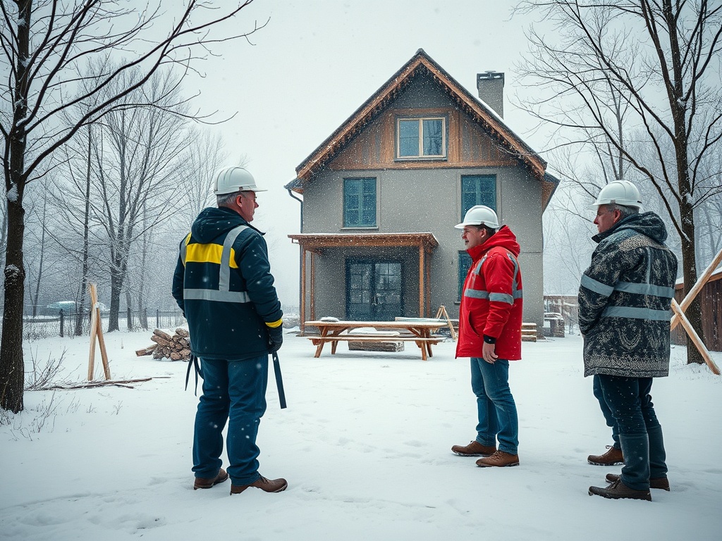 Четыре человека в зимней одежде обсуждают строение дома на фоне снежного пейзажа. Снегопад.