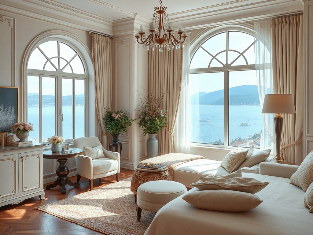 Элегантная гостиная с большими окнами и видом на озеро, уютная мебель и цветы на столе.