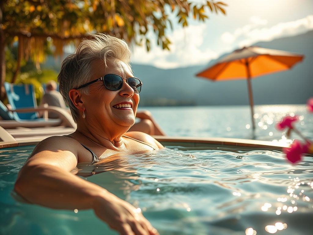 Пожилая женщина в очках наслаждается отдыхом в бассейне у озера под солнечными лучами.