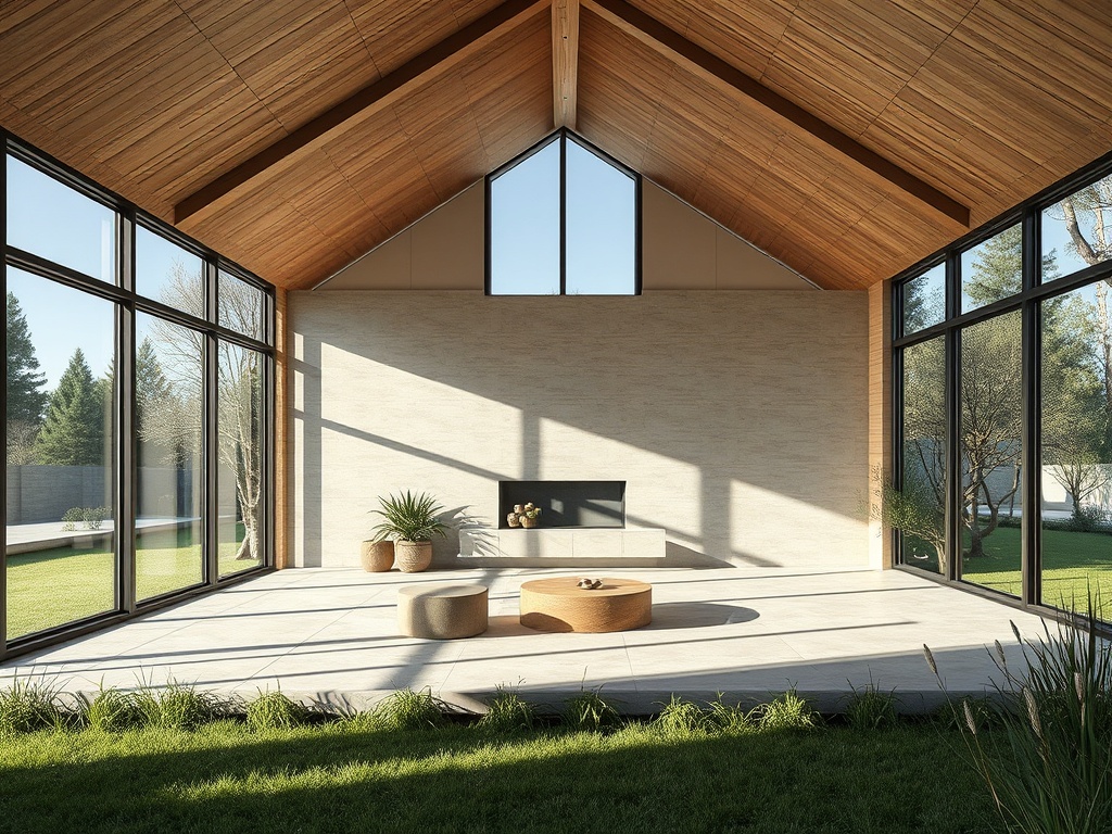 Современный интерьер с большими окнами, деревянным потолком и минималистской мебелью в светлом цвете.