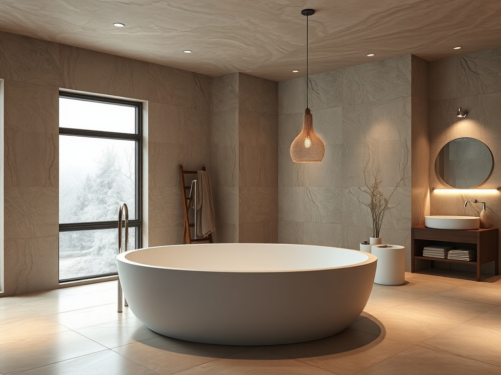 Современная ванная комната с круглой ванной, зеркалом и ненавязчивая естественная отделка стен.