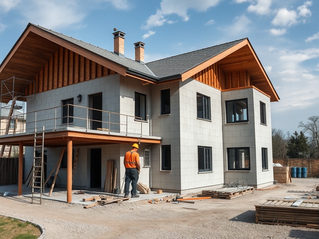 Строящийся дом с деревянным крышей и рабочим в оранжевой куртке на переднем плане.