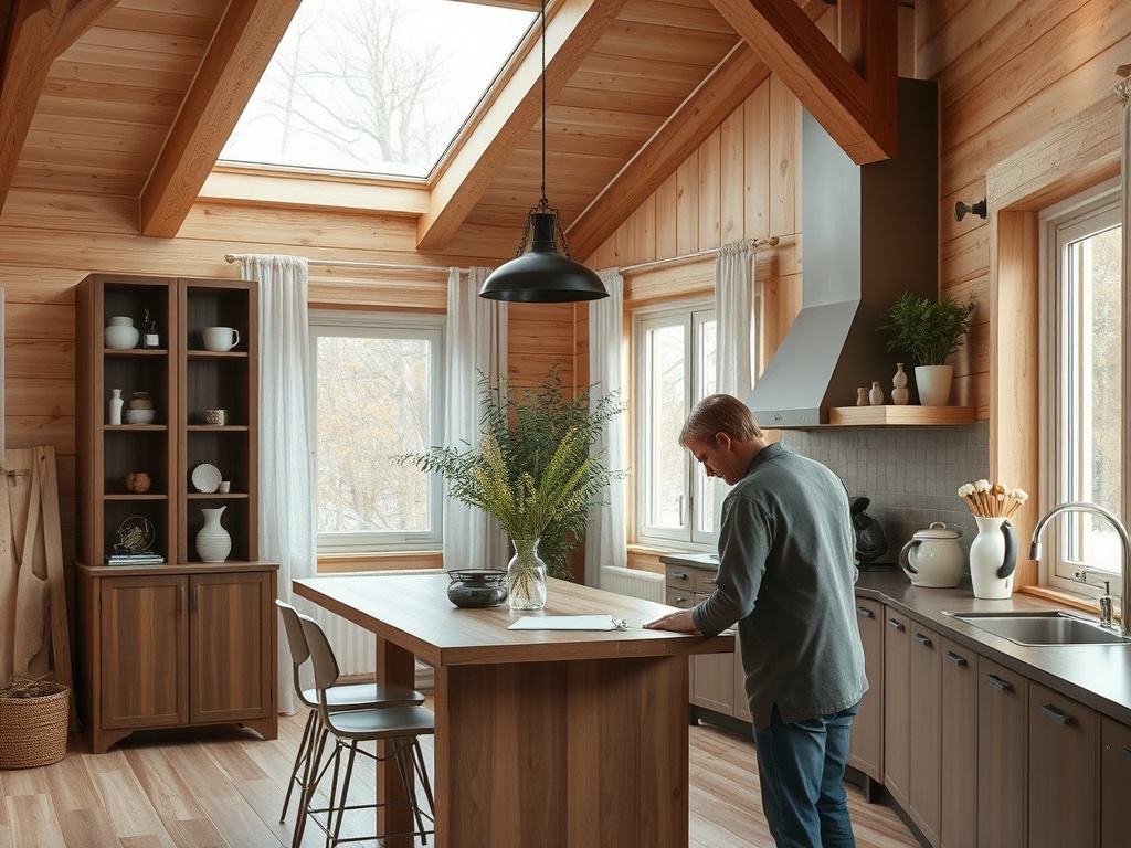 Современная кухня из дерева с большими окнами и человеком, работающим за столом. Уютная атмосфера.