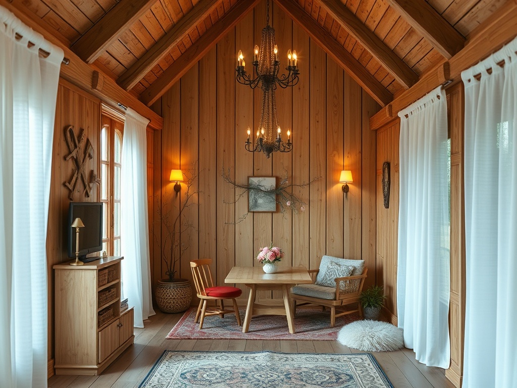Уютный интерьер деревянного дома с столом, стульями и красивыми светильниками. Светлые шторы добавляют уюта.