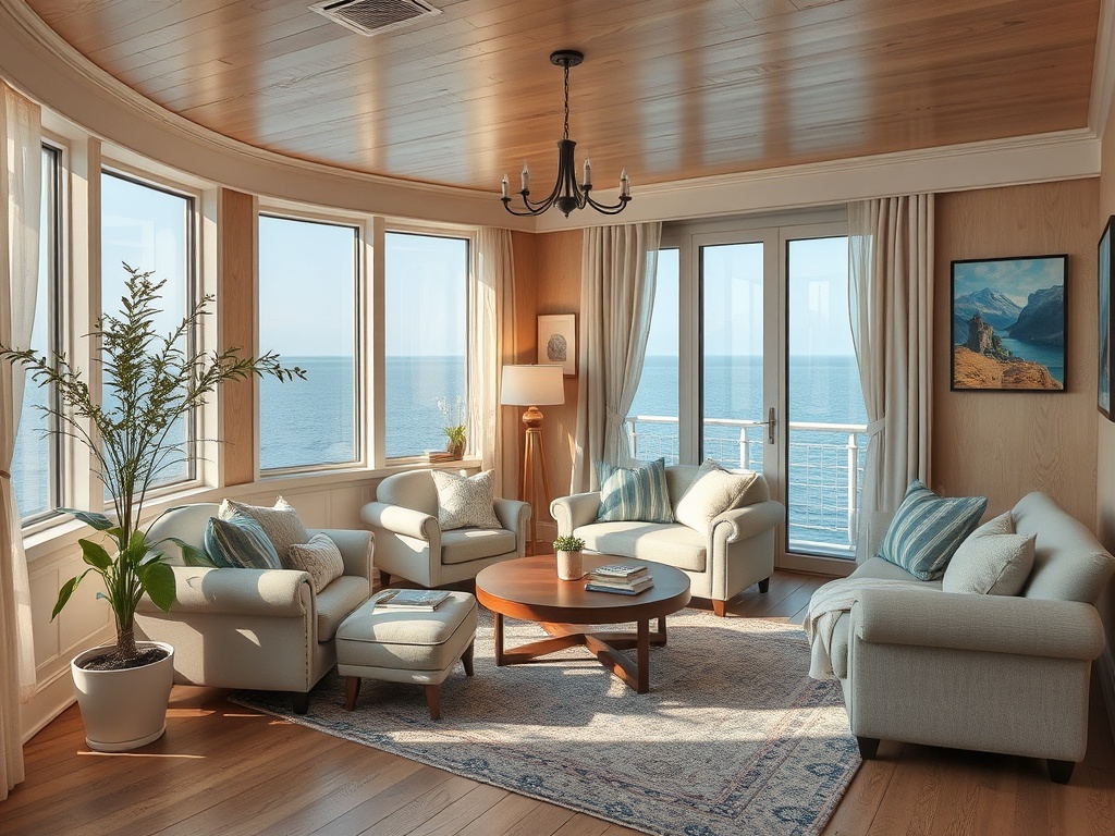 Современная светлая гостиная с видом на океан, уютная мебель и большая панорамная дверь.