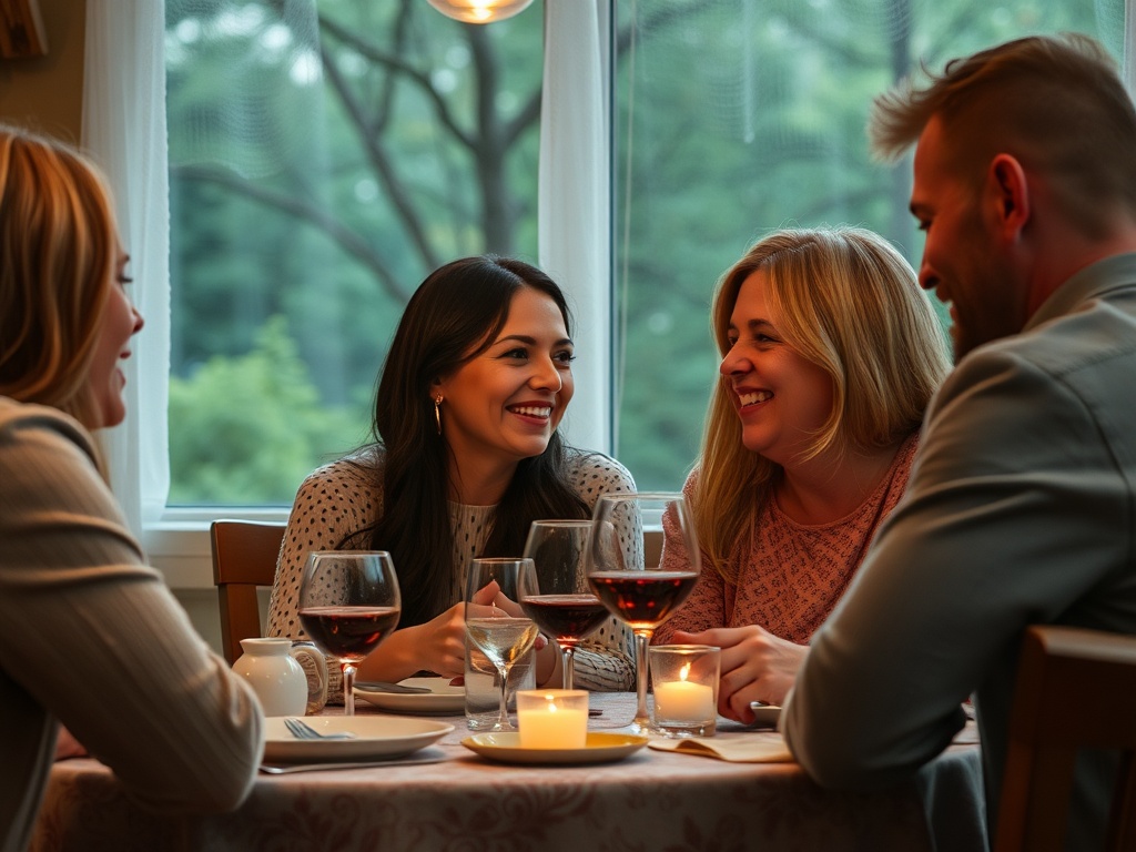 Четыре человека улыбаются и общаются за столом с вином и свечами, наслаждаясь дружеской атмосферой.