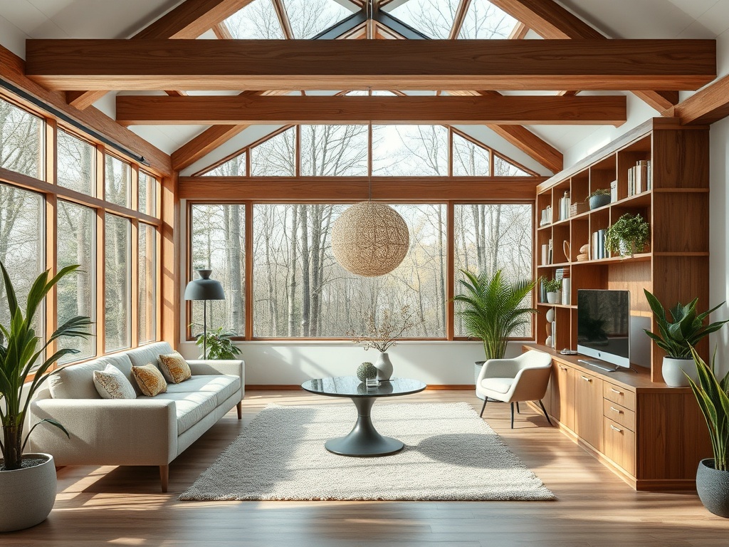 Светлый и уютный салон с большими окнами, деревянными балками и современными элементами декора.