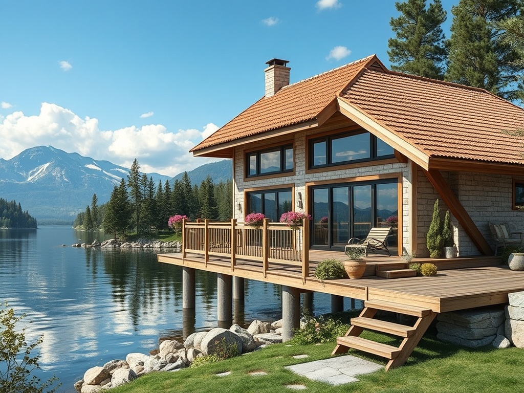 Современный деревянный дом у озера, окруженный горными пейзажами и зелеными деревьями.